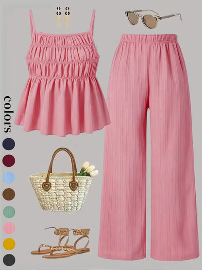 Two-Piece Set Women'S Solid Color Cami Top & Wide Leg Pants Set, Street Fashion Casual Outfits for Daily Outdoor Wear, Ladies Clothes for All Seasons