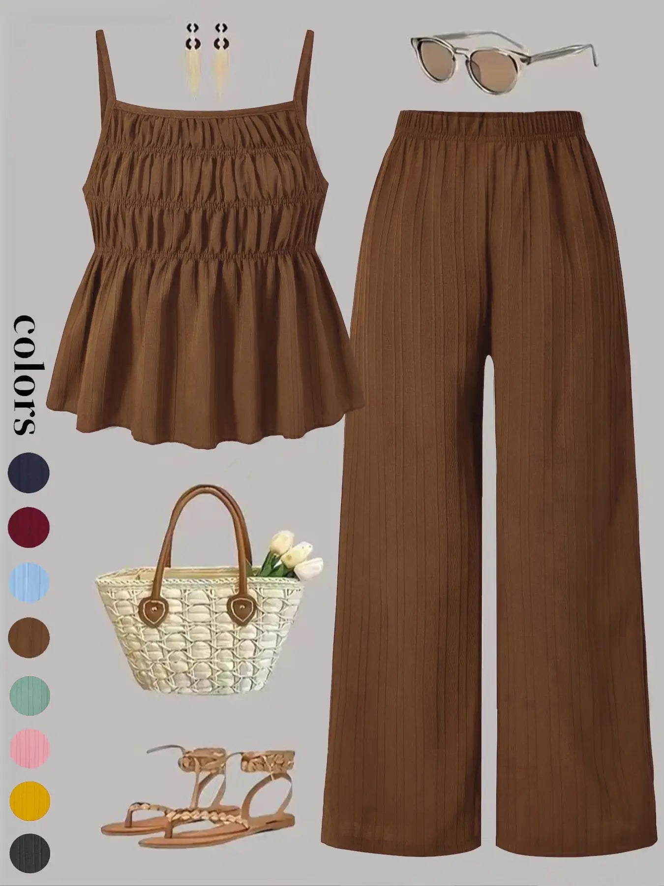 Two-Piece Set Women'S Solid Color Cami Top & Wide Leg Pants Set, Street Fashion Casual Outfits for Daily Outdoor Wear, Ladies Clothes for All Seasons